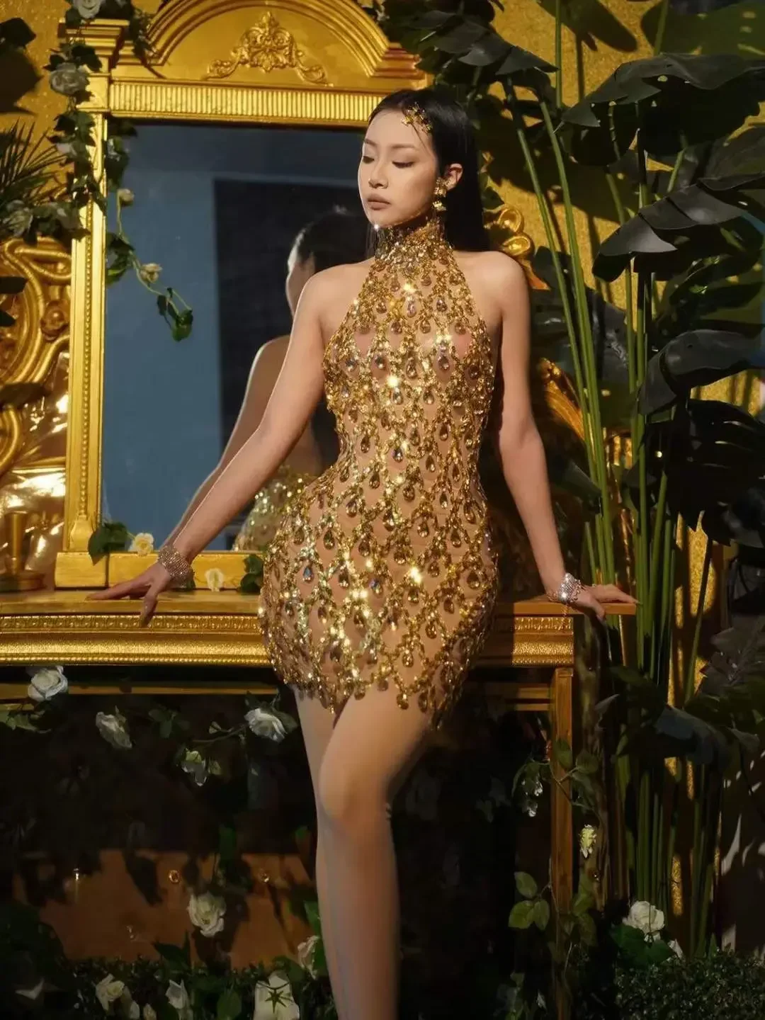 반짝 이는 골드 크리스탈 민소매 여성 생일 드레스 메쉬 축하 저녁 파티 파티 드래그 퀸 복장 가수 무대 착용 2023