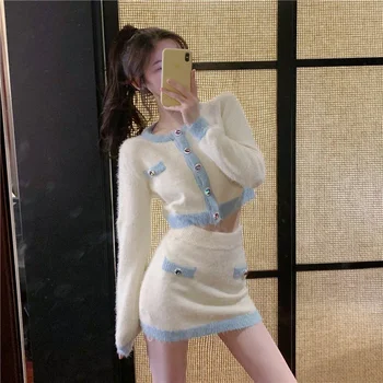 تنانير نسائية غير رسمية بدلة صغيرة بأكمام طويلة نمط سترة تنورة نحيفة قطعتين داخل Mujer Faldas Saias Mulher