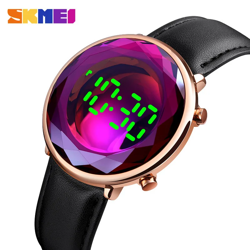 Skmei 크리에이티브 크리스탈 모양의 시계 커버, 절묘한 여성용 시계, 심플 패션, LED 마그네틱 스냅 메쉬 스트랩 시계, 신제품