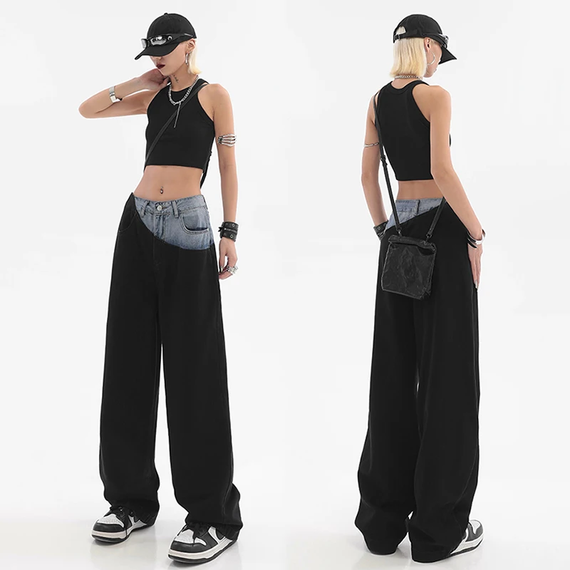 ReddaChic Color Block Wide Leg Denim Pants Women Creative Patchwork Casual High Waist Hiphop Baggy Jeans Vintage Y2k Streetwear