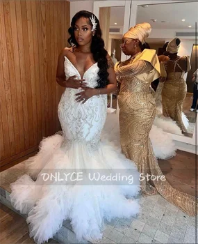 2024 Sweetheart Mermaid Wedding Dresses Crystals Beads Organza Luxury Trumpet Wedding Gowns African Bridal Dresses Customized