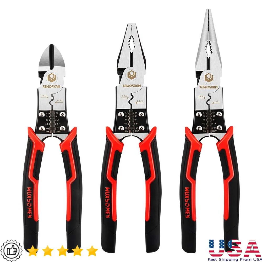 5-in-1 Multifunctional Pliers Set Wire Stripping Crimping Cutting Twisting Gripping Long Nose Diagonal Linesman Side Cutter