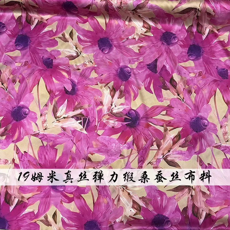 Designer Cloth 19 Momme Real Silk Spandex Satin Clothing Fabric Rose Pink Large Flower Spray Painting Suspender Skirt