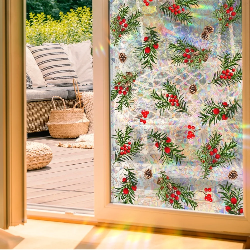 Christmas Red Berry Sunlight Glass Sticker Double Sided Window Decal Colorful Static Cling Decoration for Home Office