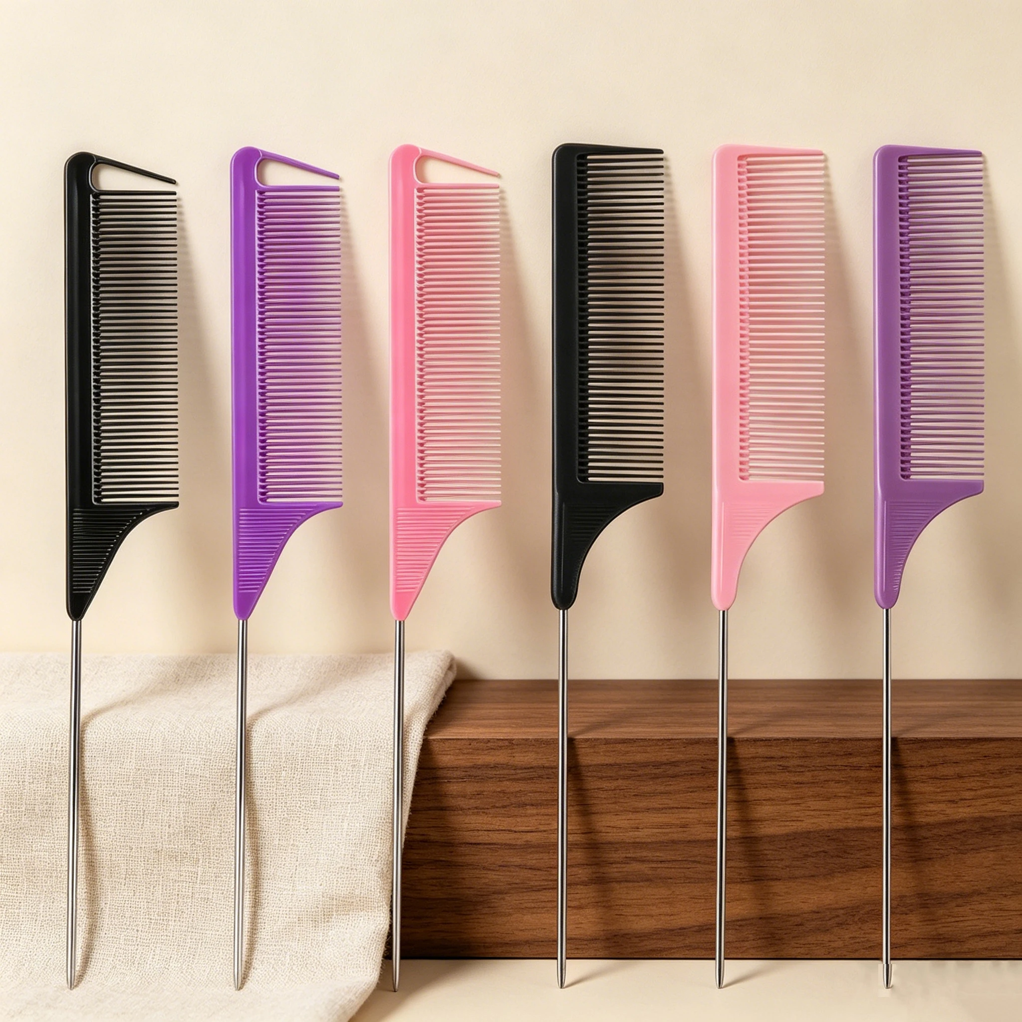 6-Piece Metal Pin Tail Combs Anti-static Fine Tooth Partition Combs Hair Braiding Highlighting Styling Salon Hairdressing Tools