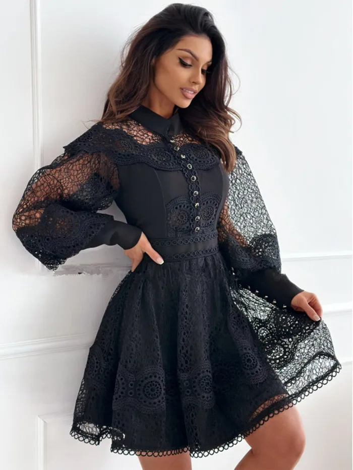 

New Temperament Slim Lace V-Neck Long Sleeve Short Skirt Bandage A-Line Skirt Women's Dress