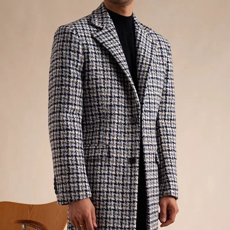 Fall Winter Mens Coat Top Quality Abrigo Largo Hombre Mantel  British Retro Houndstooth Coat Men Long Warm Jacket