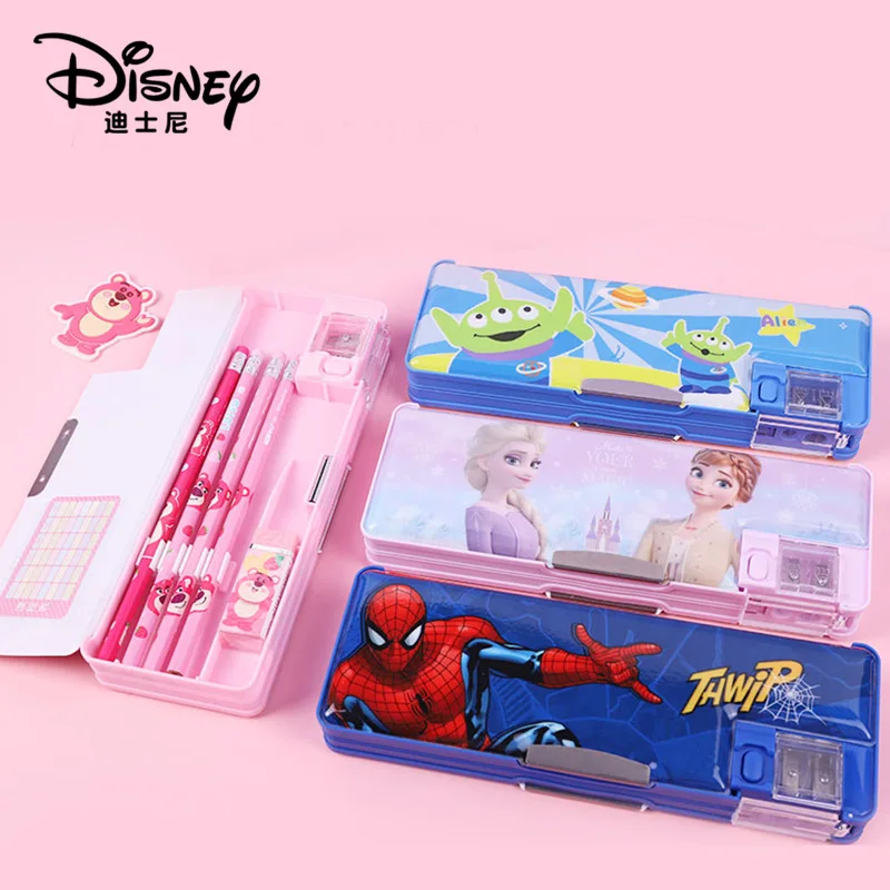 Miniso Disney Spider Man Three Eyed Boy Strawberry Bear Elsa Double Sided Storage Pen Box Student School Cartoon Pencil Case