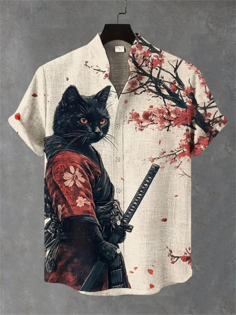 2025 New cartoon cat-themed short-sleeved shirt, summer retro men's art print shirt, casual vacation streetwear
