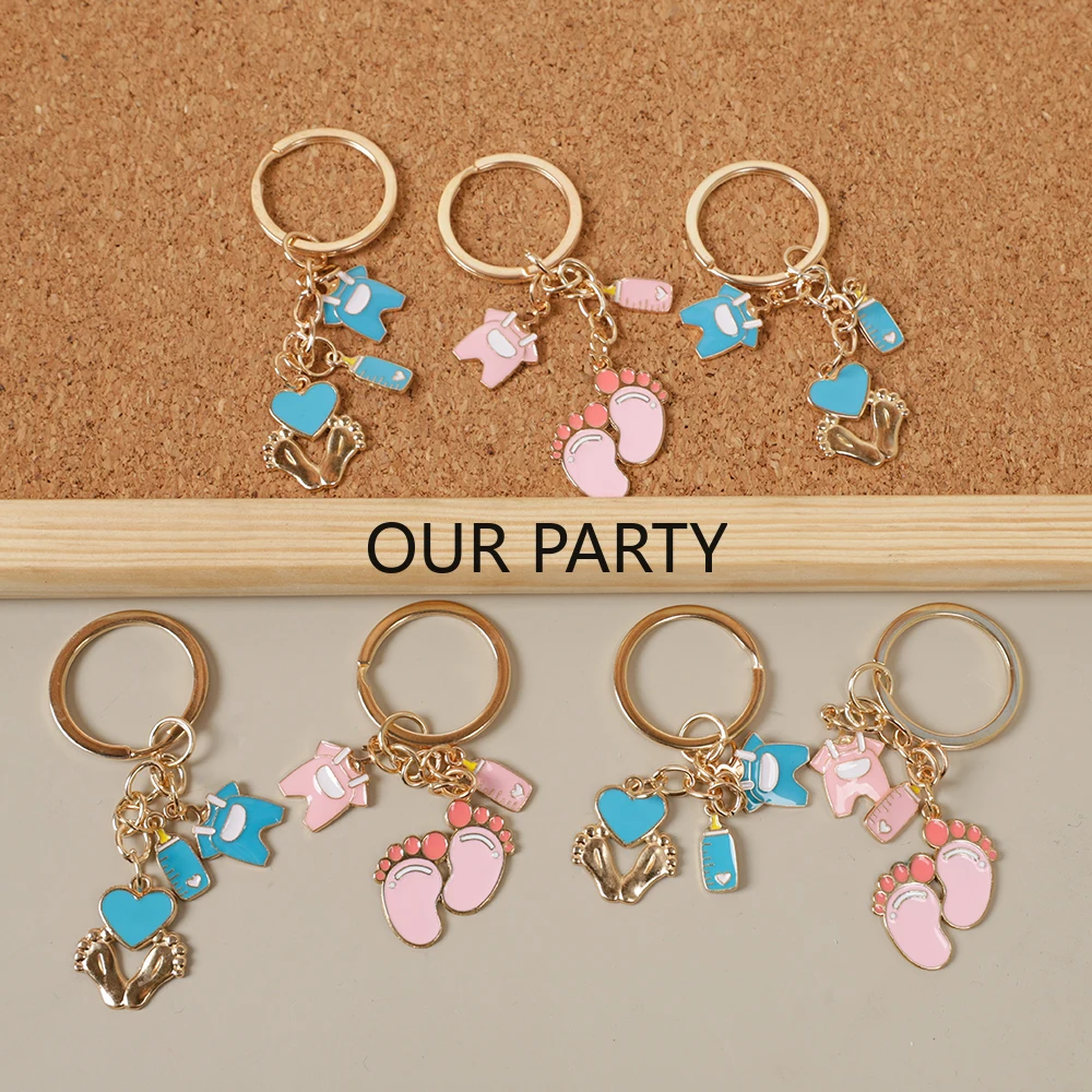 5Pcs Cute Gender Reveal Theme Alloy Keychain Foot Milk Bottle Backpack Pendant for Baby Shower Birthday Party Favors Guest Gifts