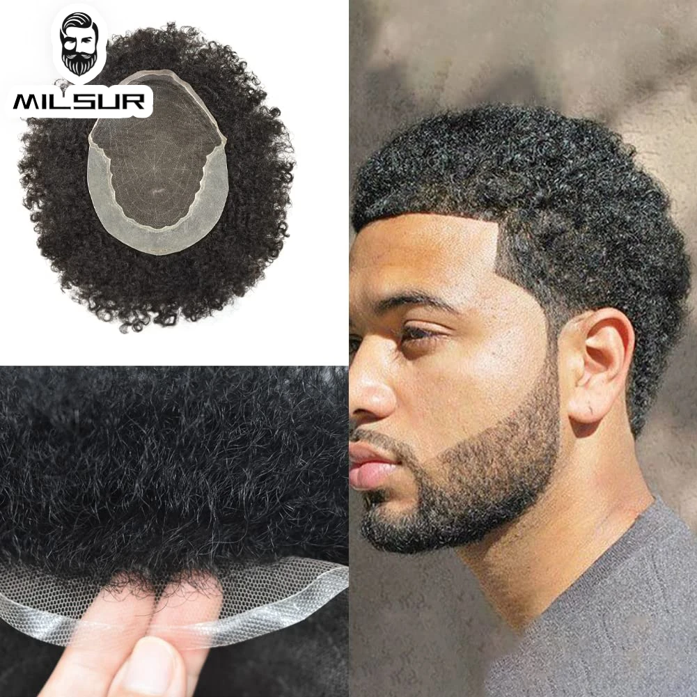 Tupé Afro Q6 para hombres, con Base de encaje y PU, unidad de sistema de cabello rizado, peluca tupé para hombres, prótesis de cabello masculinas duraderas