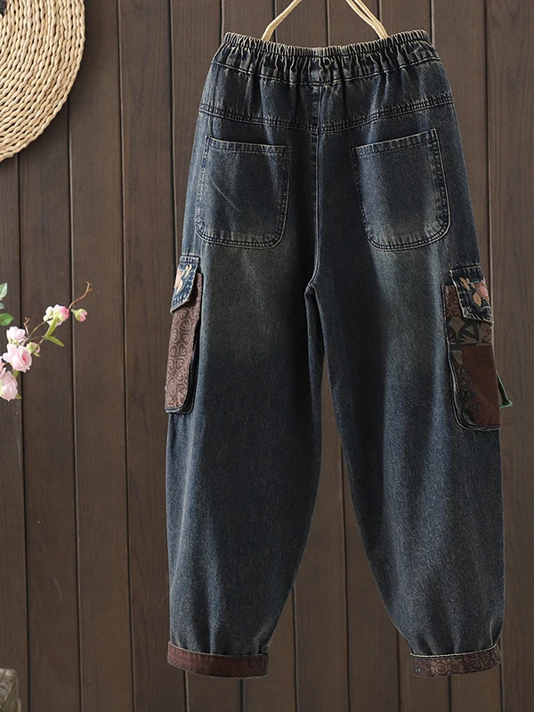Women's Retro Embroidered Heavy Work Denim Harlan Pants Loose Fit Straight Leg Cotton Casual Trousers for plus Size