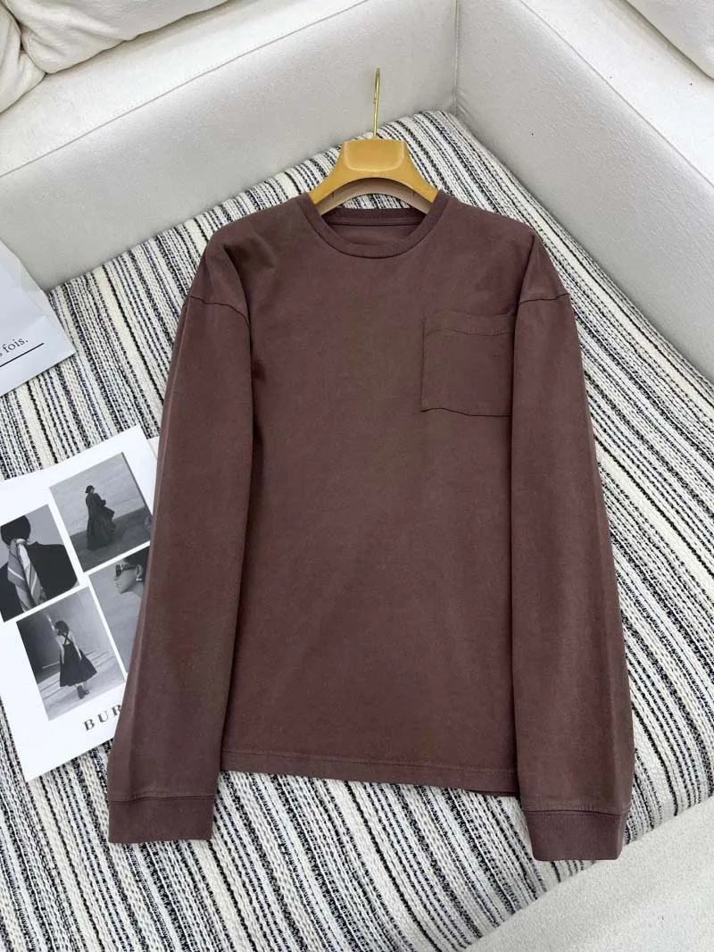 Women's Fashionable Loose Casual Long Sleeve T-Shirt Basic Pocket Design Versatile Pullover High-End Feel