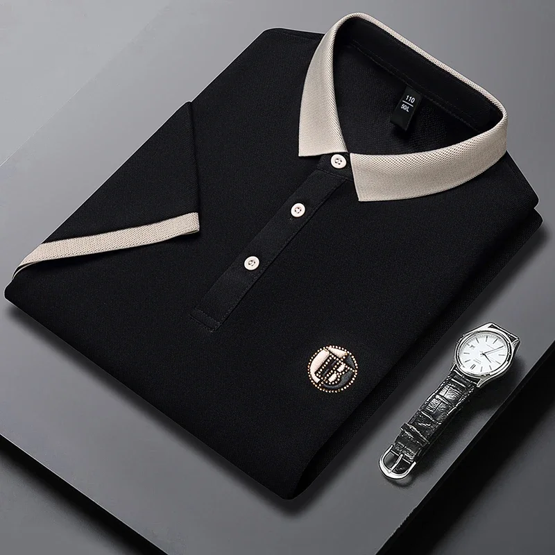 قميص بولو رجالي جديد مطرز من القطن للأعمال والترفيه بأكمام قصيرة، قميص مريح وقابل للتنفس