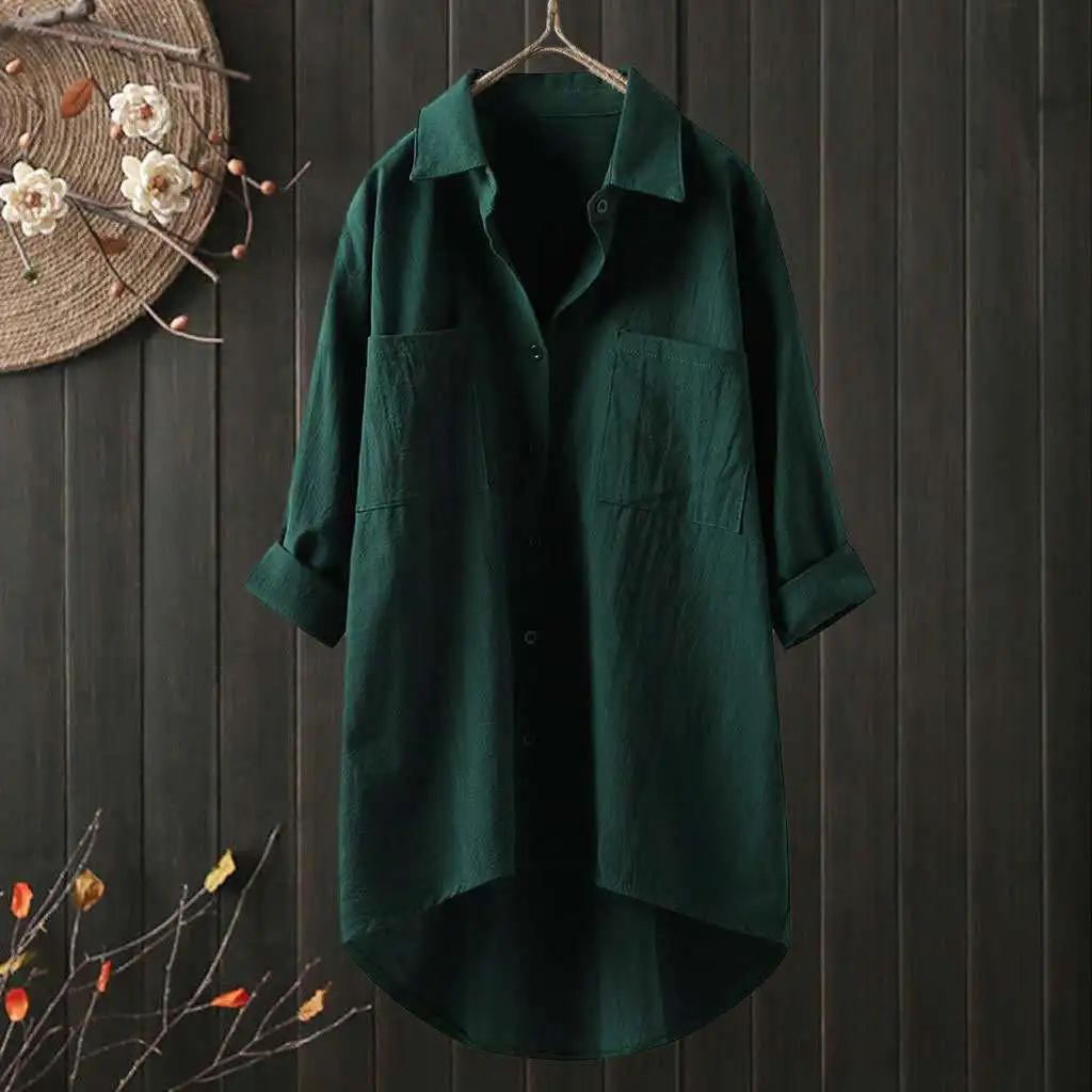 Plus Size L-5XL Casual Shirts Women 2024 New Long Sleeve Lapel Neck Blouse Tops Solid Color Buttons Ladies Pockets Basic Shirt