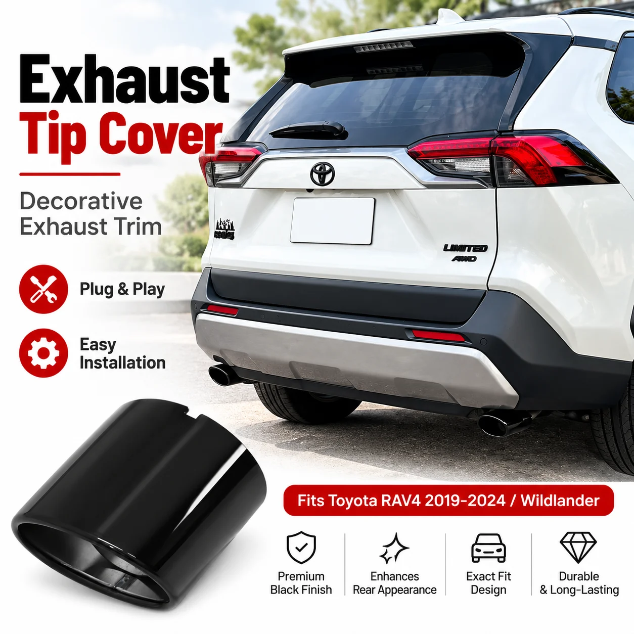 1 PCS  Exhaust Cover For Toyota RAV4 2020 2021 2022 2023 WILDLAND Muffler Stainless Steel Exhaust Trim Tailpipe Nozzle