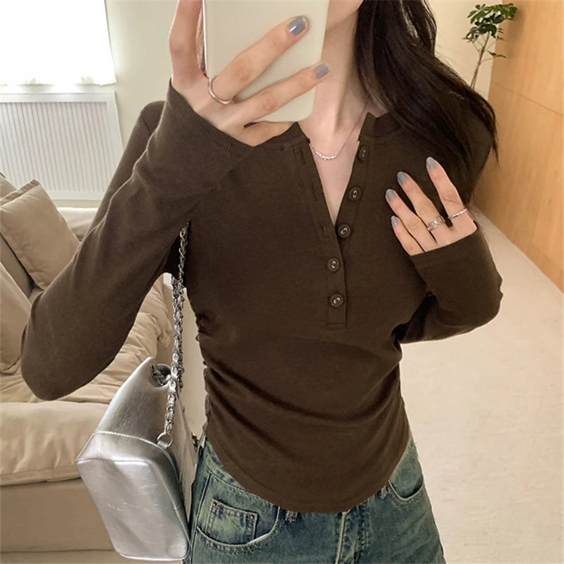 REALEFT 2024 New Spring Buttons Short T-Shirts for Women Solid Sleeve O-Neck Slim Casual Shirts Knitwear Tops Female