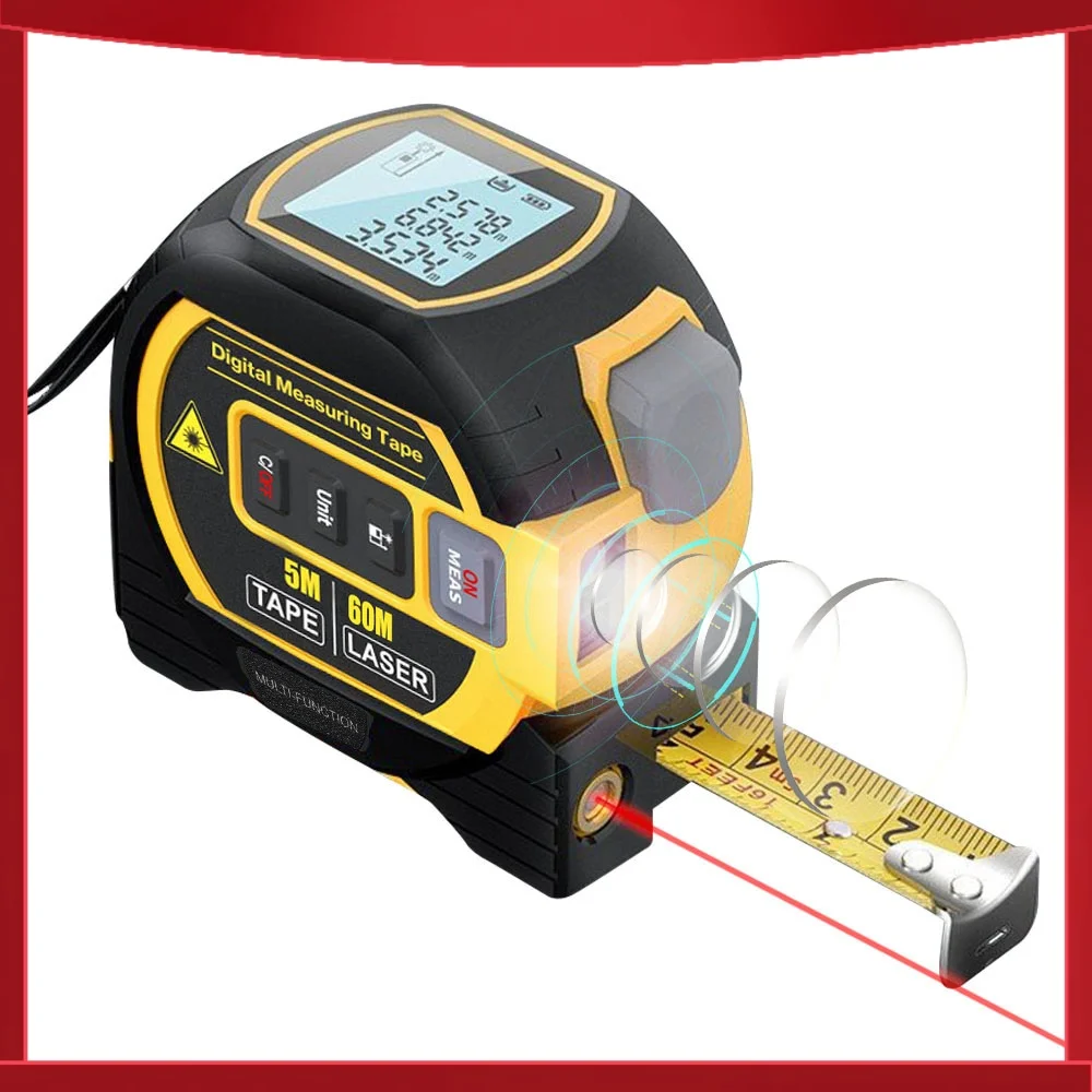 3in1 Laser Rangefinder 5m Tape Measure Ruler LCD Display with Backlight Distance Meter Building Measurement Device Area Volumes