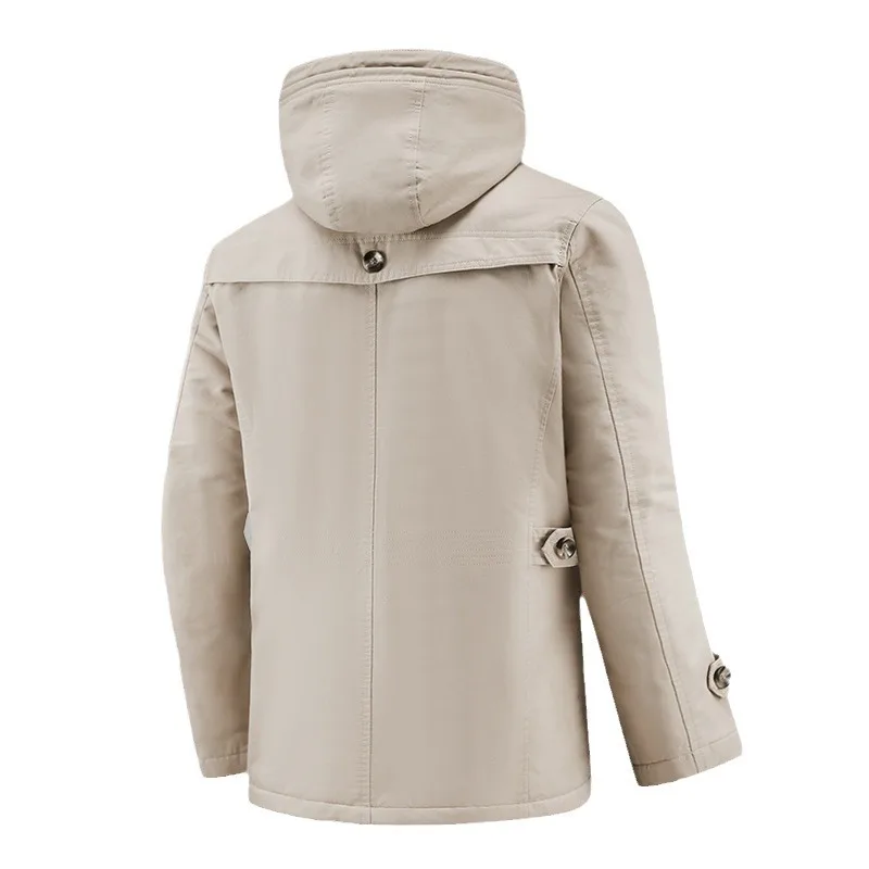 Men's Fleece Cotton Jacket Autumn Winter Pure Cotton Washed Hooded Mid-Length Coat for Men