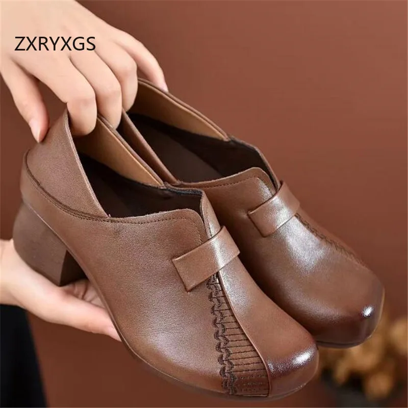 ZXRYXGS New Fashion Top Layer Cowhide Women Real Leather Shoes 2024 Elegance Comfortable Soft Sole Non-slip Thick Mid Heels Tide