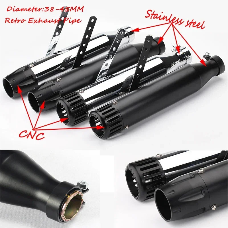 Motorcycle 38mm 40mm 42mm 45mm Retro Exhaust Pipe Stainless Steel Tail CNC Silencer System without DB Killer For CG125 SR400