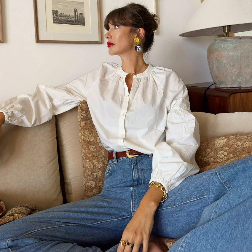 

Linad винтажные белые женские блузки с воротником-стойкой, осенняя элегантная рубашка с рукавами-фонариками и блузка, 2024, уличные шикарные топы на пуговицах