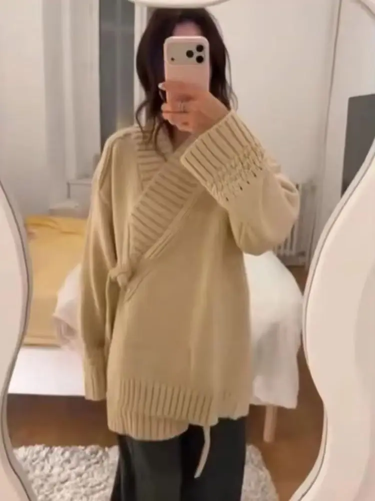 

HH Women Fashion Sweaters Solid Lace-up Decorate Cardigans Spring Female High Collar Long Sleeves Kimono Style Knitted Coat