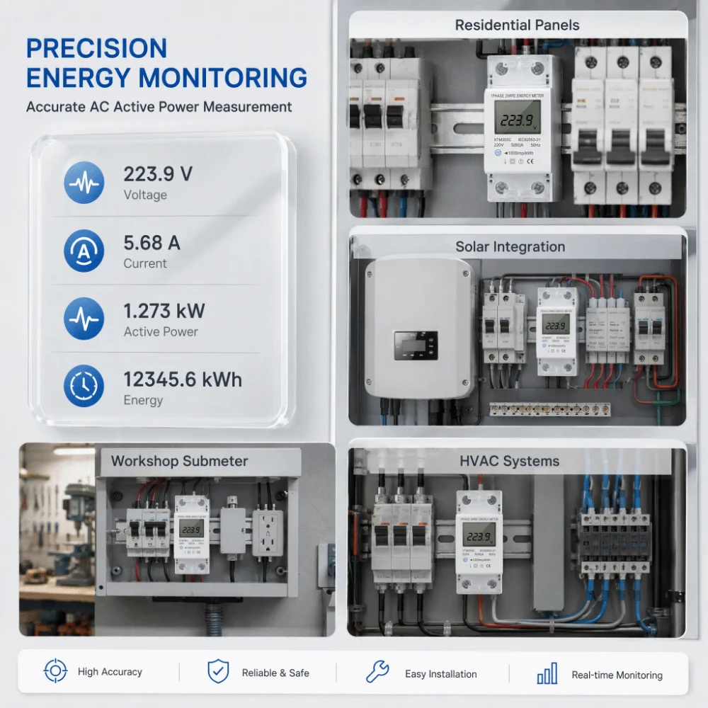 Digital Display Electric Meter Single Phase DIN Rail Mount KWh Meter LCD Screen 2 Wire 2P Power Consumption Monitor Home Use