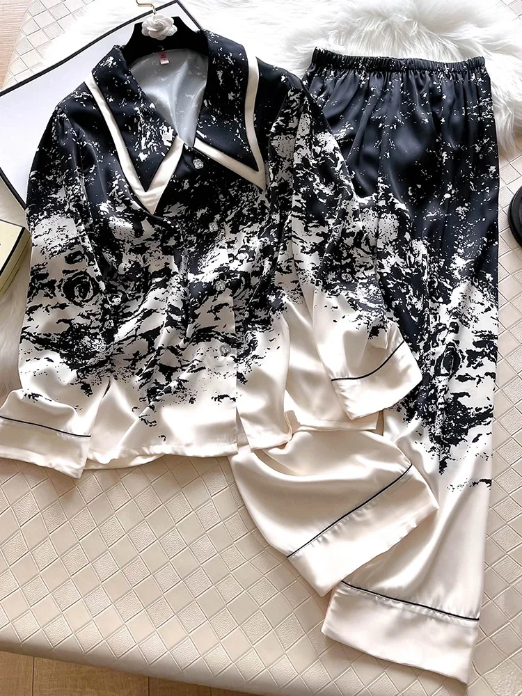 New Black White Printed Pajamas Women's Thin Edition High end 100% Silkworm Silk Home Clothes Long Sleeve Set