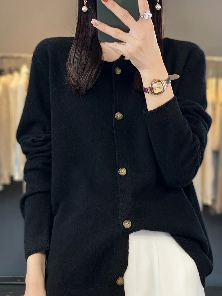 Ladies 100%Pure Wool Cardigan Casual Long Sleeve Knitted Coat Fancy Round Neck Loose Female Jacket Autumn Winter New Warm Blouse