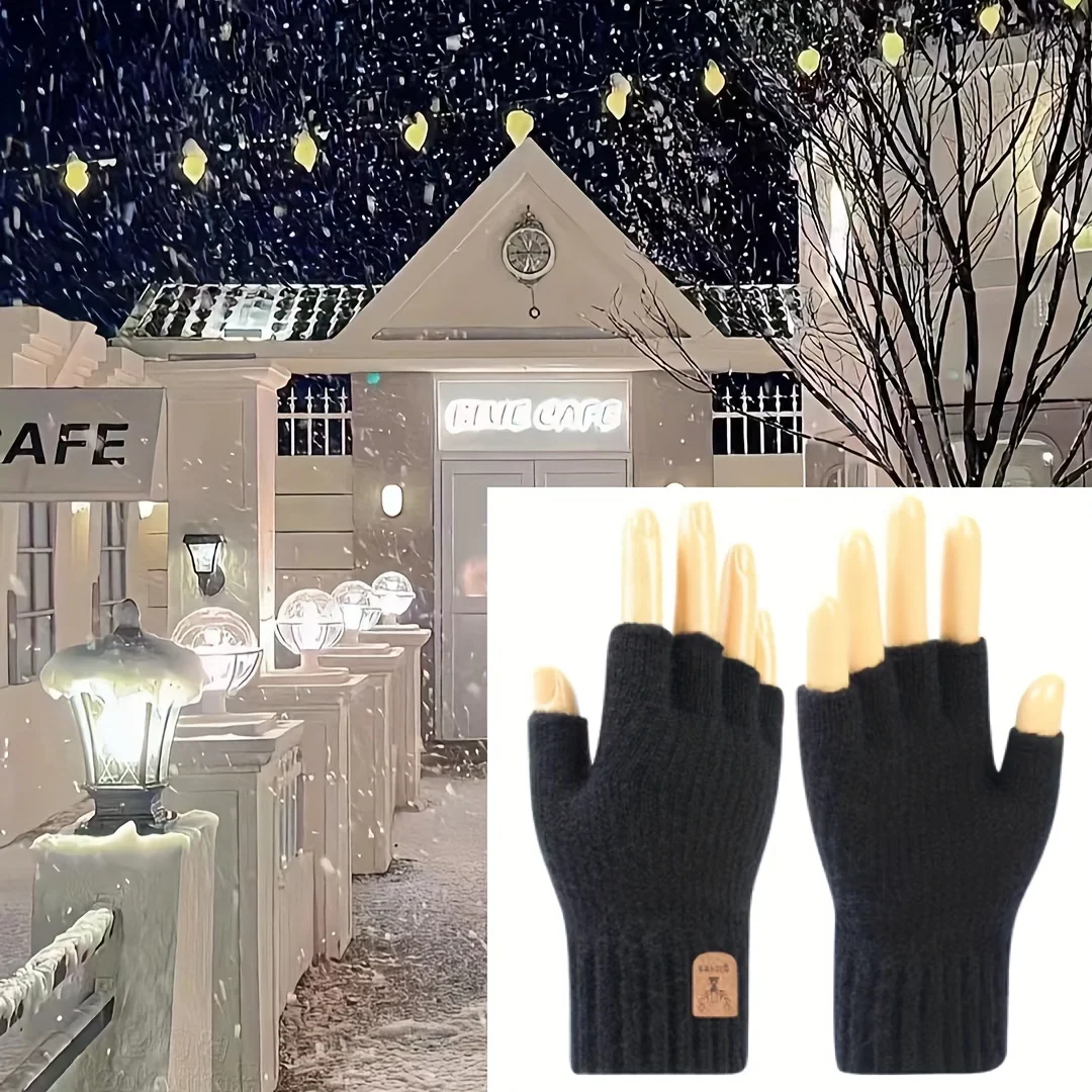 Solid Color Warm Gloves, Short Half Finger Elastic Knitted Gloves, Winter Cold Proof and Convenient Writing Gloves