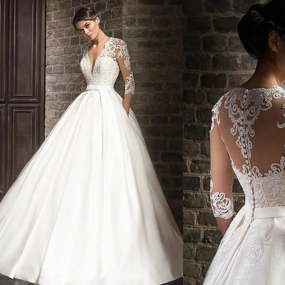 

Customized Lace Wedding Dresses vestido de novia Half Sleeves V-Neck Bride Dress Sweep Train Pockets Robe De Mariee 1