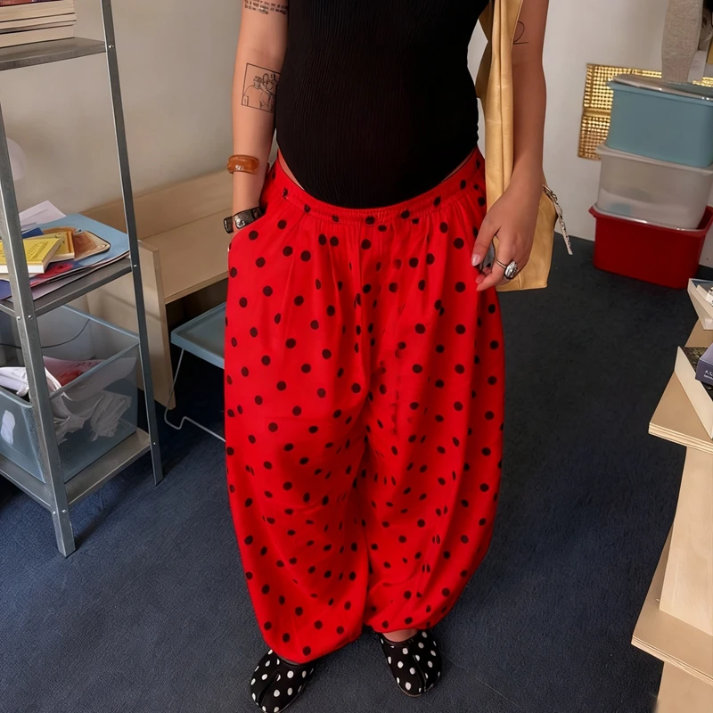 خمر البولكا نقطة واسعة الساق البنطلون السراويل النسائية الخريف في سن المراهقة فتاة كسول فضفاضة تناسب السراويل الطويلة الأمريكية الرجعية Preppy الشارع الشهير #4