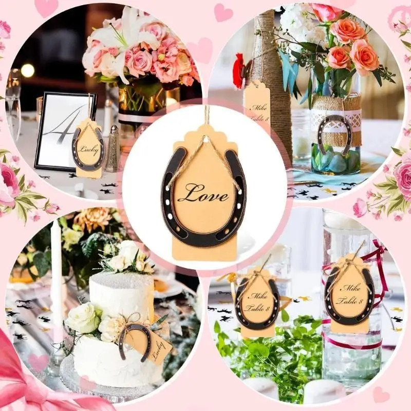 

Y1UD 24pcs/lot Metal Horseshoes with Blank Blessing Cards Kraft Paper Thank Your Card