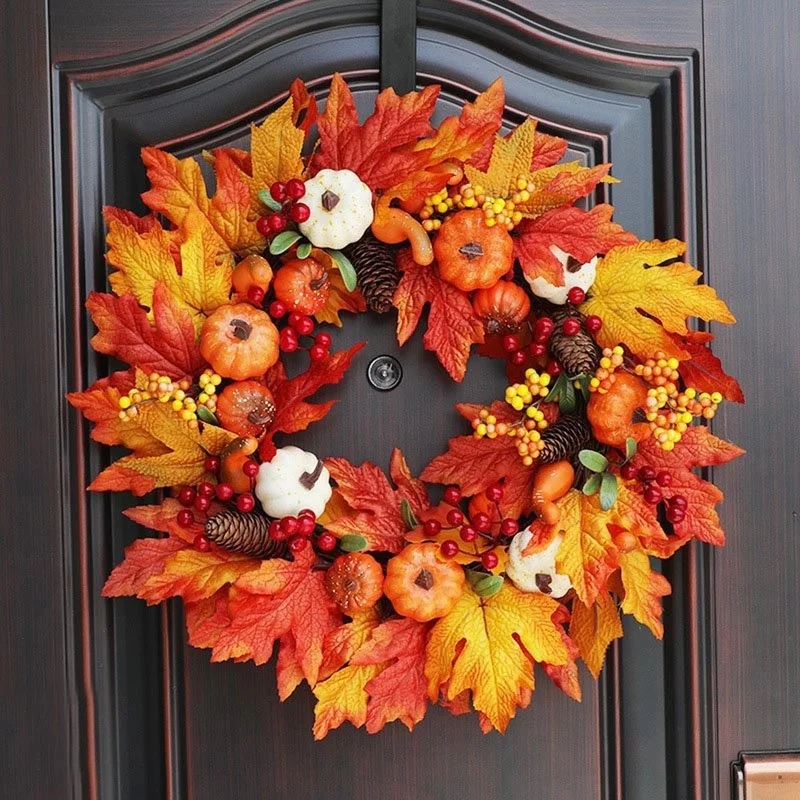 

45CM Autumn Harvest Wreath - Pumpkin Berry Maple Leaf Artificial Flower Door Wall Decor - Fall Thanksgiving Decoration