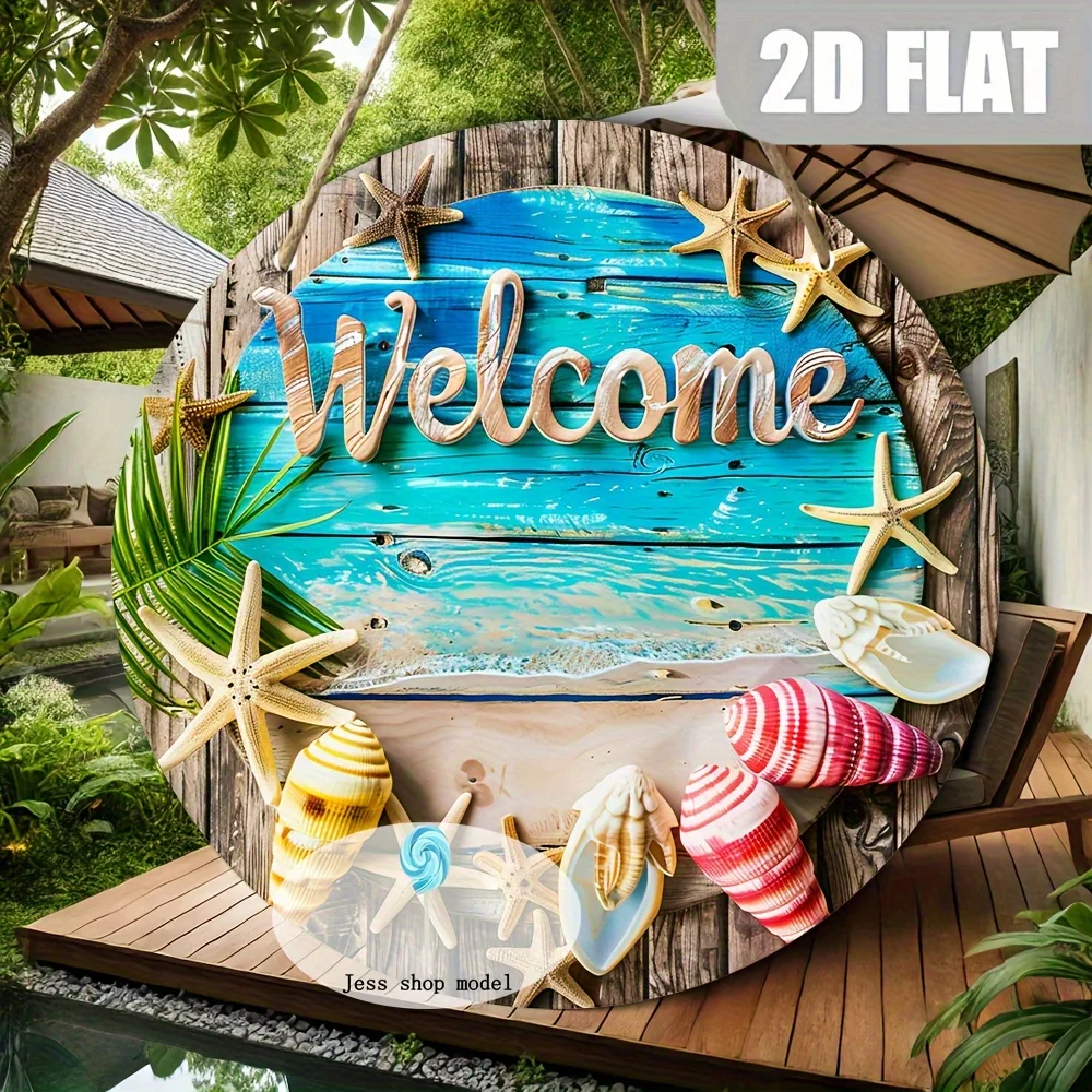 Retro summer welcome sign. Circular wooden courtyard decoration, featuring beach theme, stars,