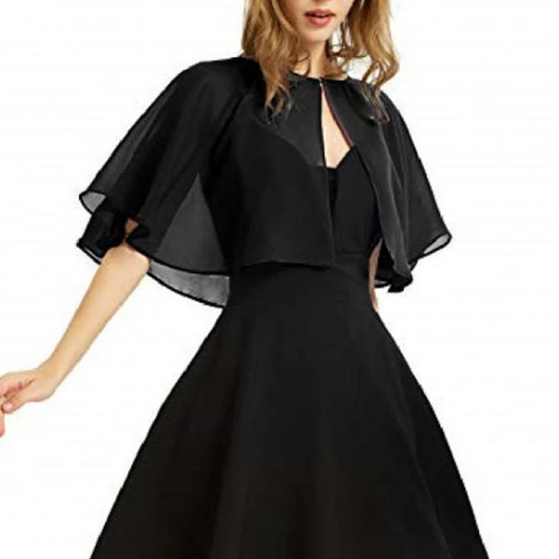 2023 Black Chiffon Cape Bolero Mujer Front Open Capes Women Shrug for Evening Wedding Bridal Dress Jacket Wraps Cloak Boda Shawl