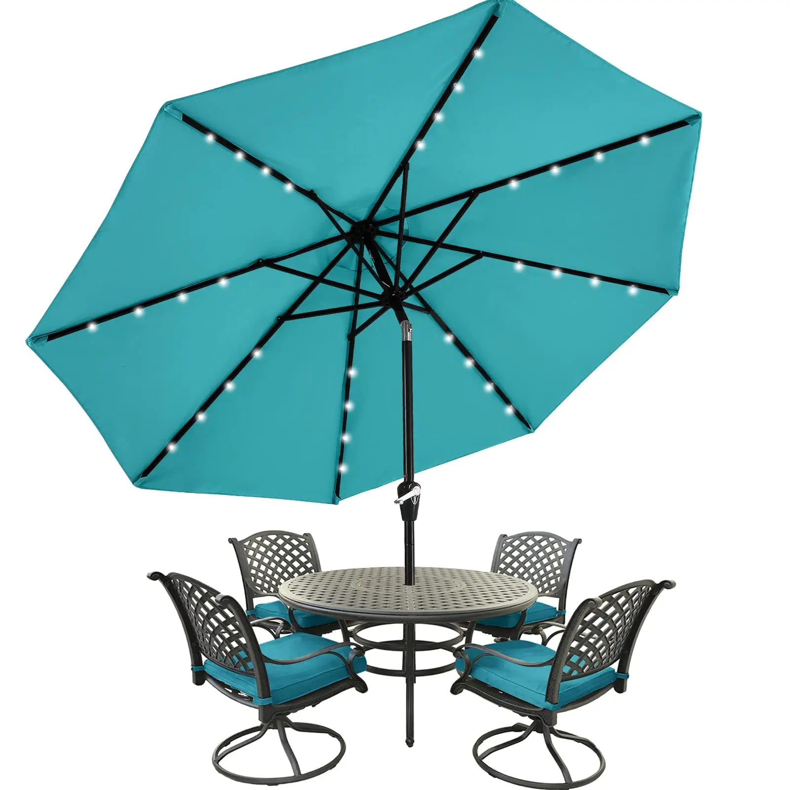 

Solar LED Patio Umbrella 9ft, 32 Lights & 8 Ribs, Turquoise for Backyard