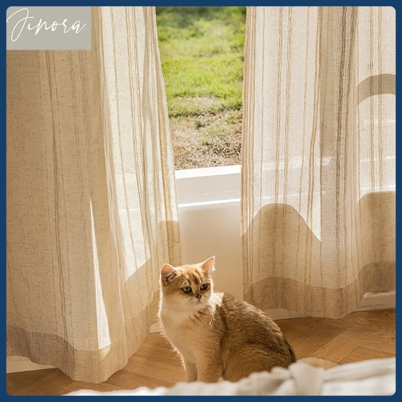 

Japanese Flax Cloud Tulle Linen Thick Window Sheer Curtains for Living Room Bedroom Dining Vertical Stripes Decor Custom Size