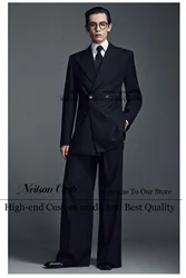 Black Double Breasted Male Prom Blazers Loose Peaked Lapel Groom Wedding Tuxedos 2 Pieces Sets Jacket +Pants Terno Masculino