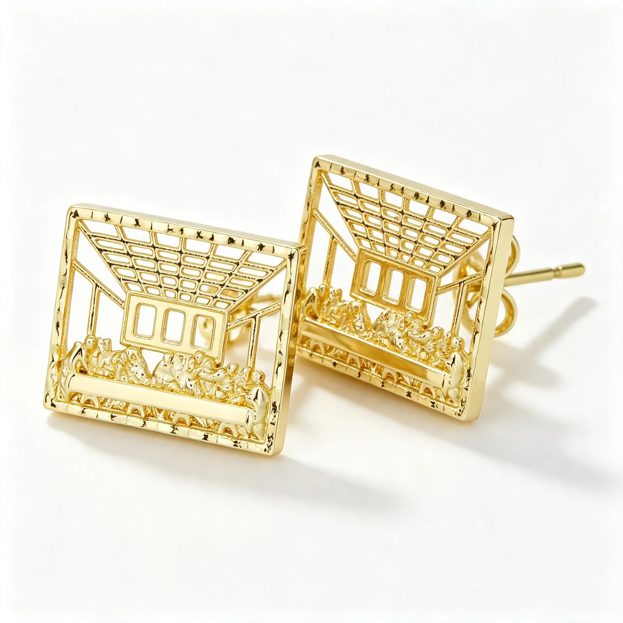 Big Size 21mm 14k Real Gold Plated Earrings Hip Hop Punk Nugget Stud Last Supper Pattern Copper For Men Women Fashion Jewelry