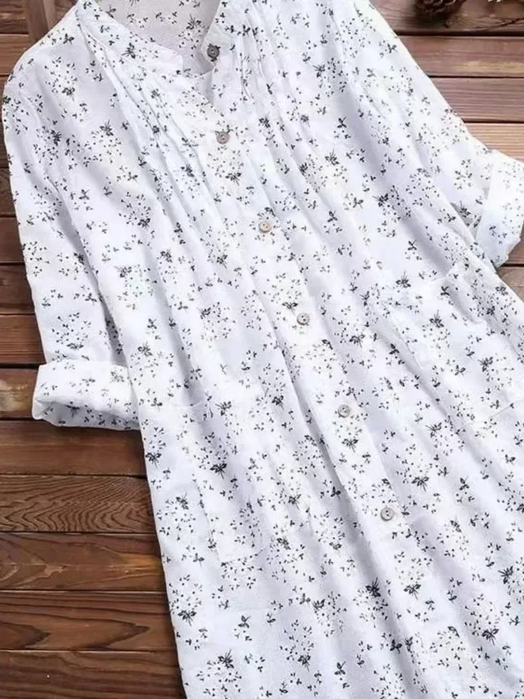 Kemeja Wanita Ukuran Besar 2025 Blus Manis Lucu Kasual Lengan Panjang Putih Baru Mode Elegan Atasan Kancing Kerah Cetak Bunga