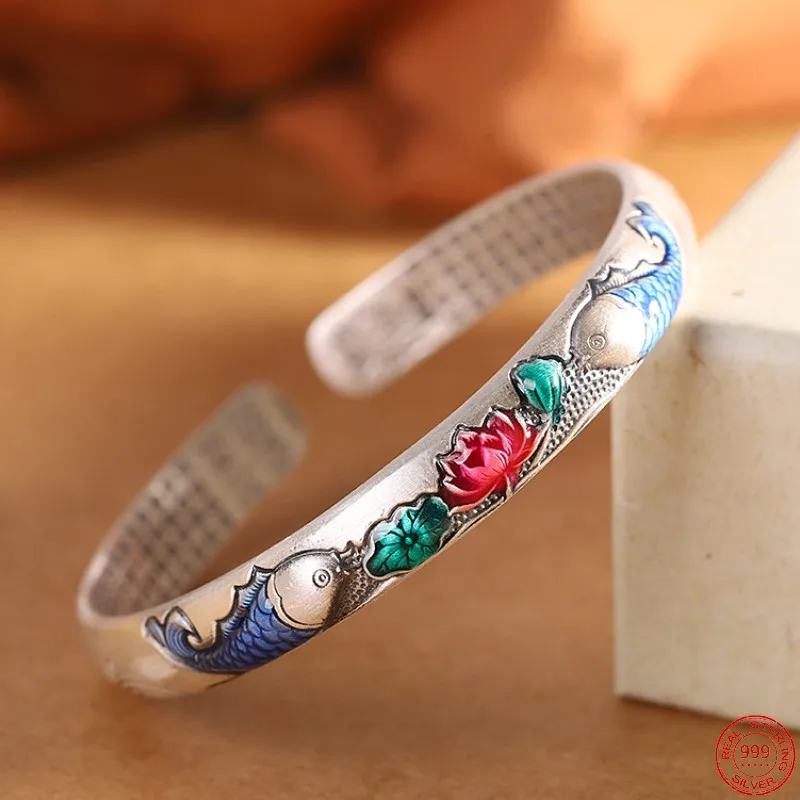 

Genuine S999 Sterling Silver Bracelets for Women New Fashion Enamel Fish Playing with Lotus Leaves the Heart Sutra 8mm Bangle