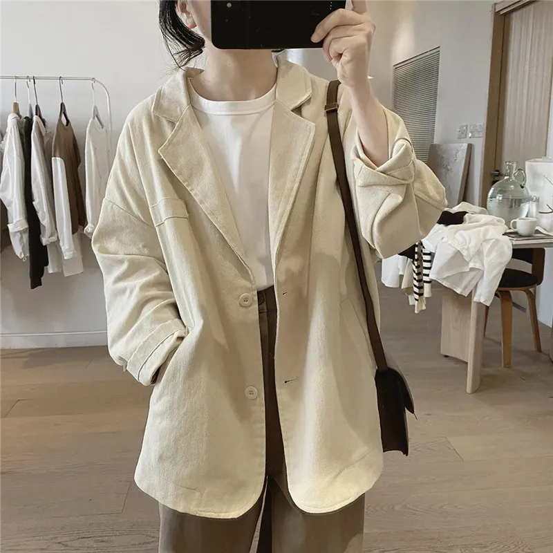 Fashion Suit Collar Coat Women Spring Autumn New Loose Slim Korean Long Sleeve Tooling Jacket Vintage Outerwear Ladies Tops W249