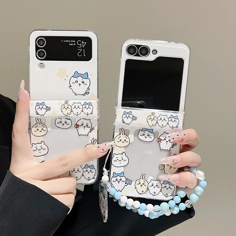 Cute Cartoon Japan Anime Chiikawa Usagi Hachiware Phone Case For Samsung Galaxy Z Flip 7 6 5 4 3 Soft TPU Cover With Lanyard