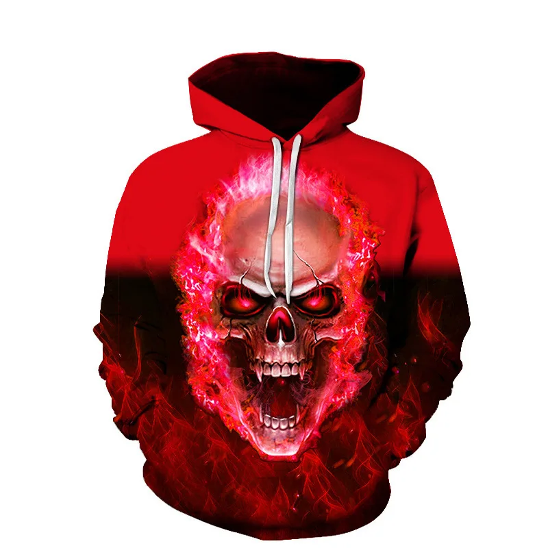 2021 New 3D Fashion Trend Skull Red Pattern Spring and Autumn Hooded Pullover Men's Clothes