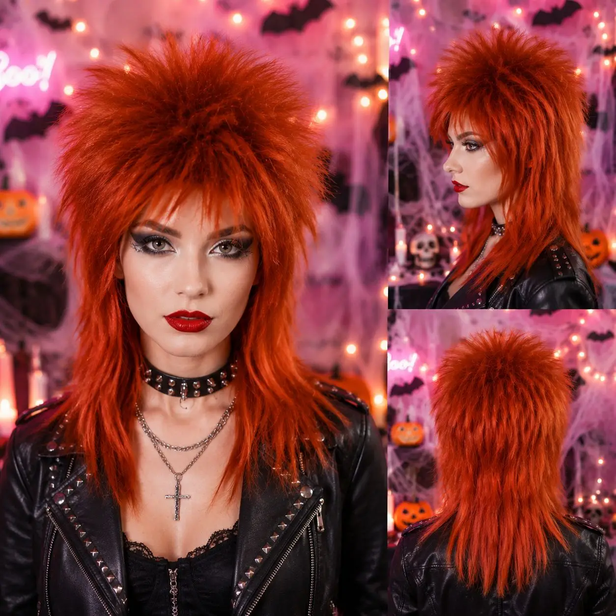 Copper Red Spiky Mullet Punk Rock Wig, Synthetic 80s Rocker Style Wig, Halloween Carnival Theme Cosplay for Adult Women