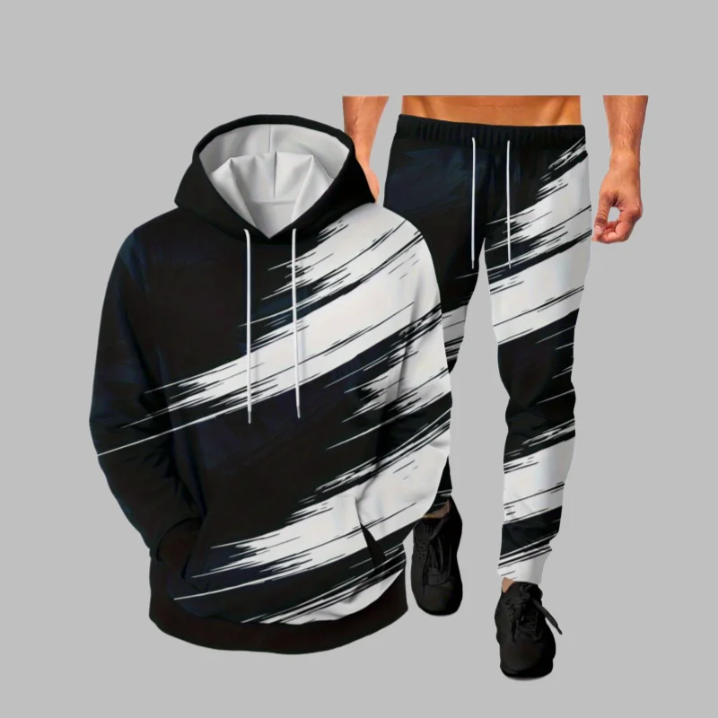 

Осень/Зима Новый спортивный комплект Y2K Черно-белый мужской модный комплект с 3D принтом Супер большой удобный повседневный уличный комплект из двух предметов