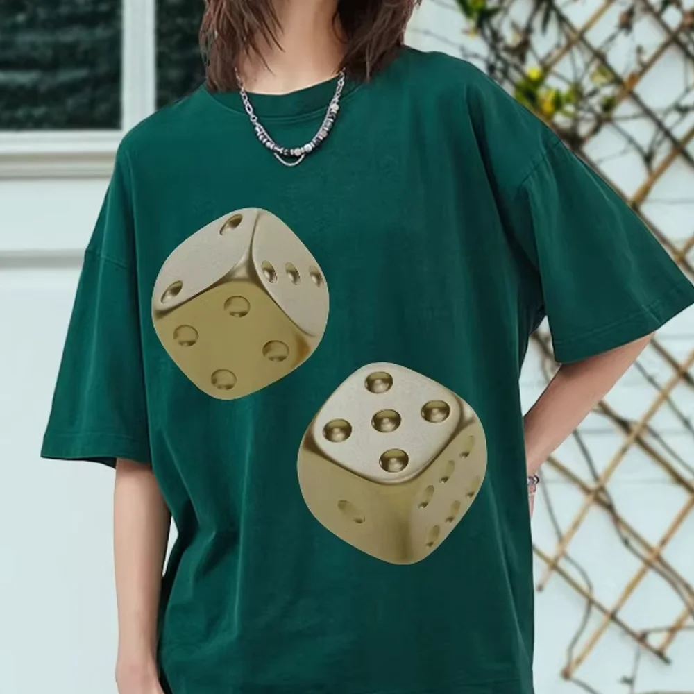 

Y2k Graphic T-Shirt Golden Dice Print Risky Playful and Unpredictable Simple Style Soft Fabric for Gamble-Themed Casual Looks