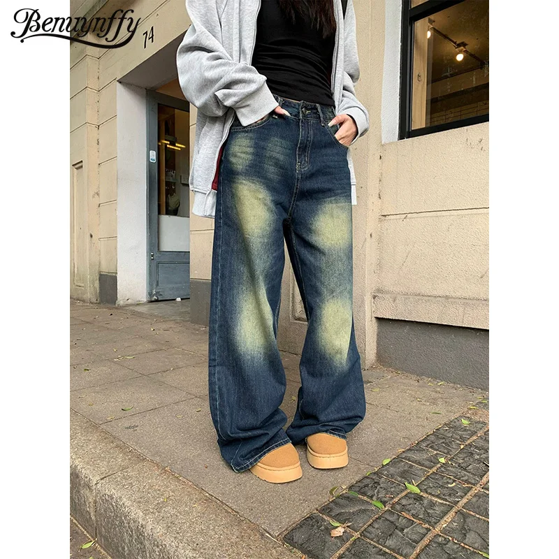 

Benuynffy Vintage Distressed Washed Baggy Jeans Women 2025 Autumn Winter New American Streetwear Casual Hip Hop Wide Leg Pants